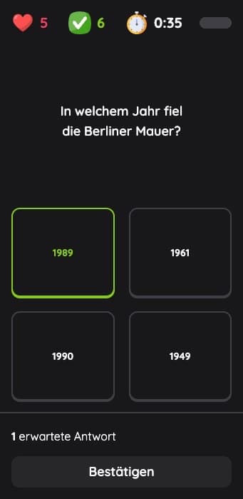 Schüler-App auf dem Smartphone: eine Quizfrage während eines Spiels, nach sechs richtigen Antworten