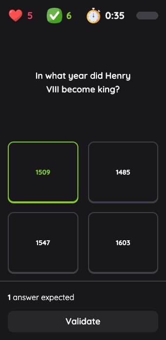 Student app on a phone: a quiz question during a game, after six correct answers