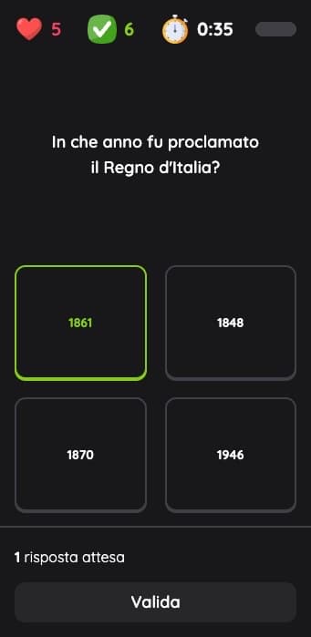 App studente su telefono: una domanda del quiz durante una partita, dopo sei risposte corrette