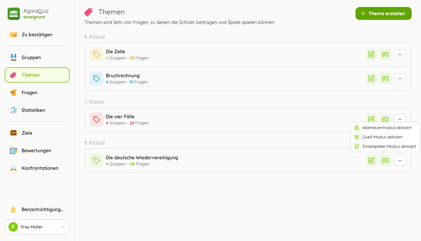 Themenliste und freigeschaltete Spielmodi