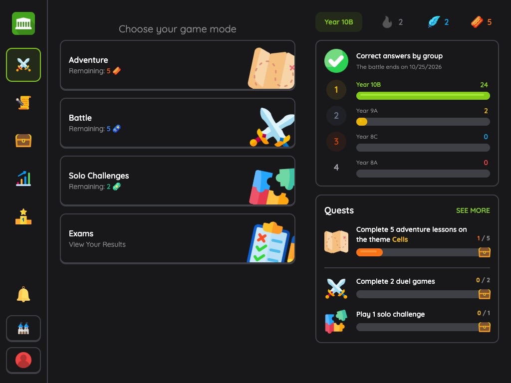 Student view - Choosing a game mode