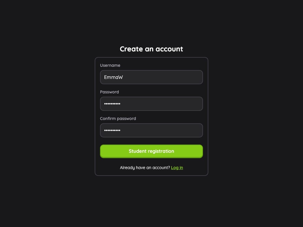 Student view - Creating an account