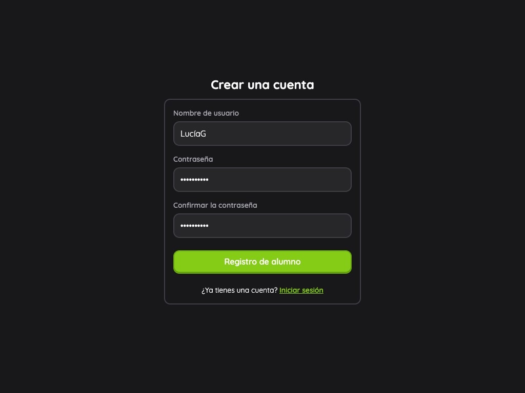 Vista del alumno - Creación de una cuenta