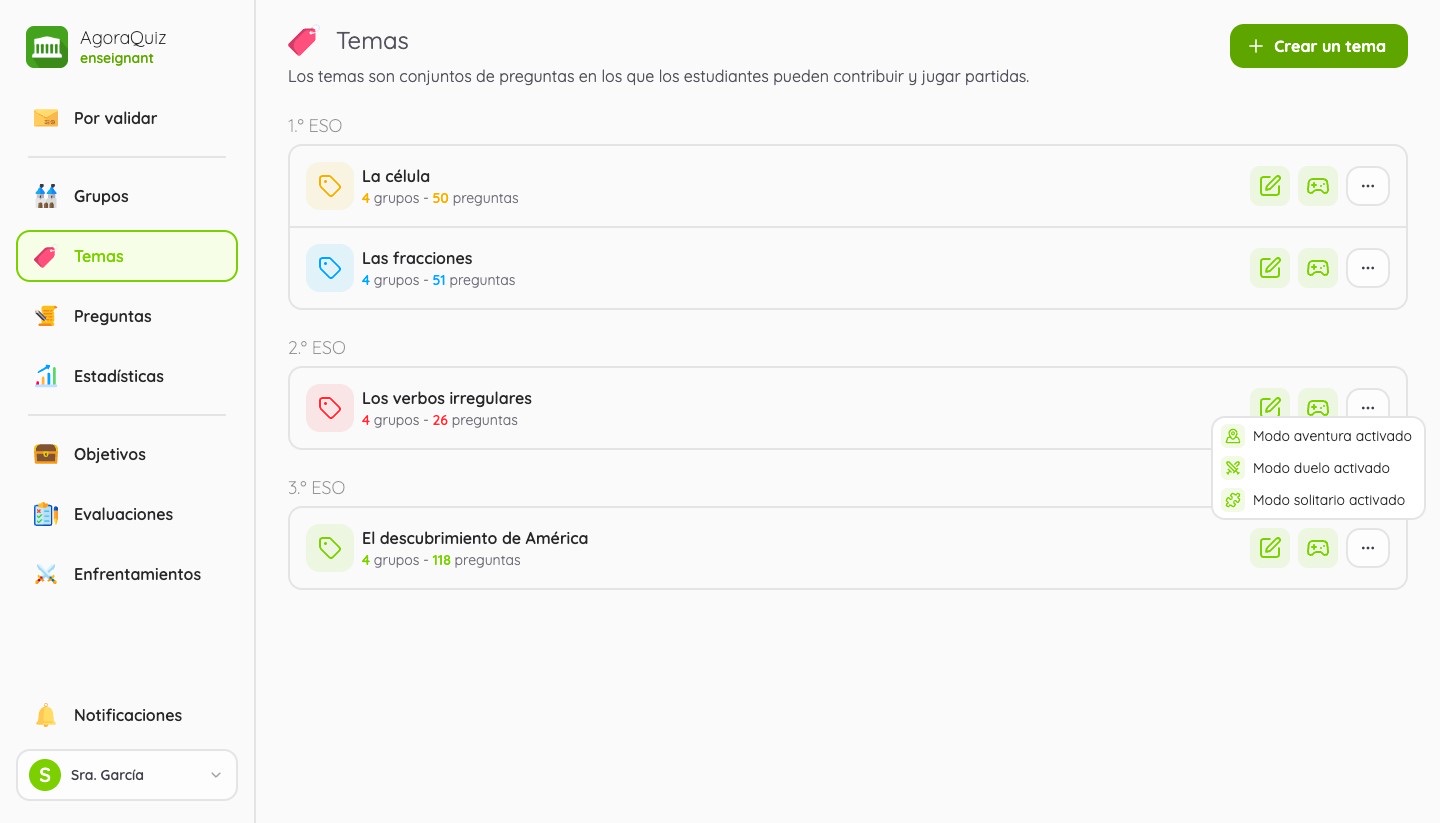 Lista de temas y modos de juego activos