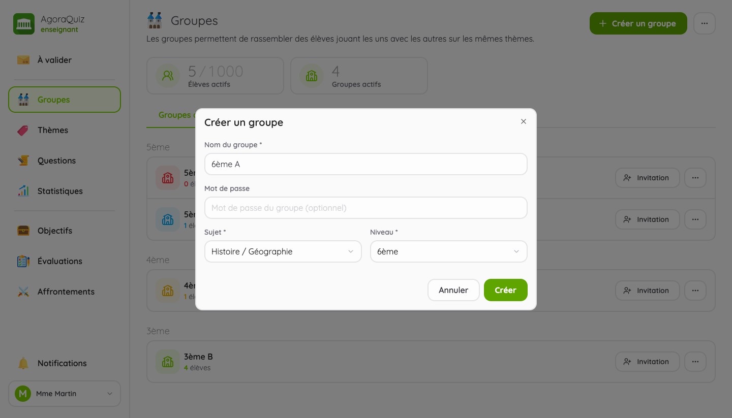 Formulaire de création d'un groupe