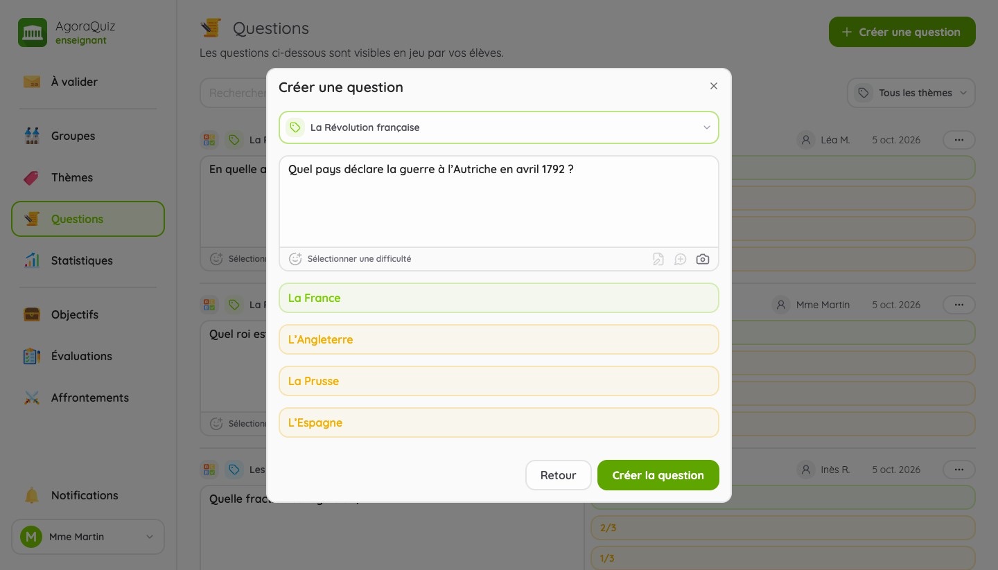 Création d'une question par l'enseignant