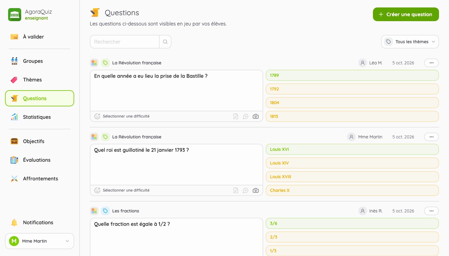 Liste des questions en jeu