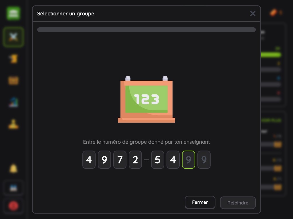 Vue élève : saisie du code du groupe