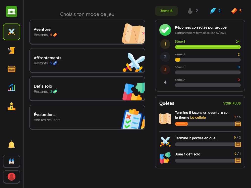 Vue élève : choix du mode de jeu