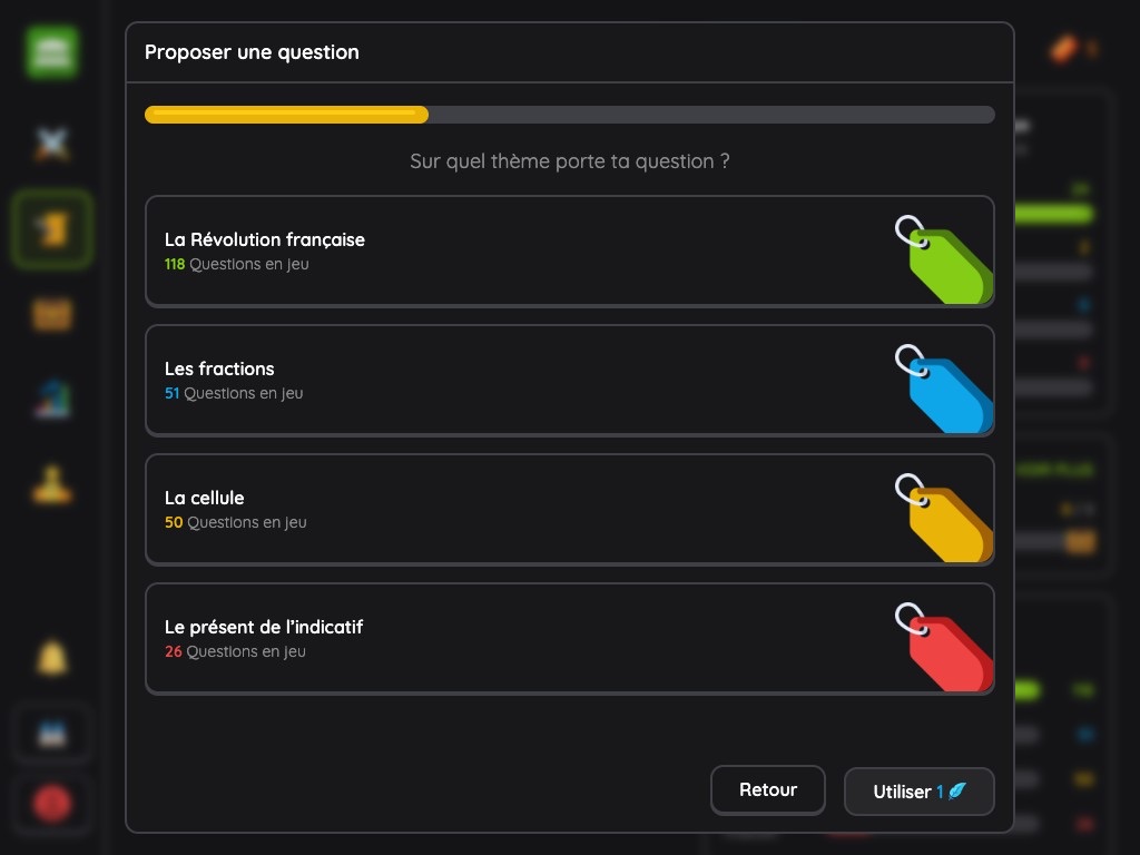 Vue élève : choix du thème de la question