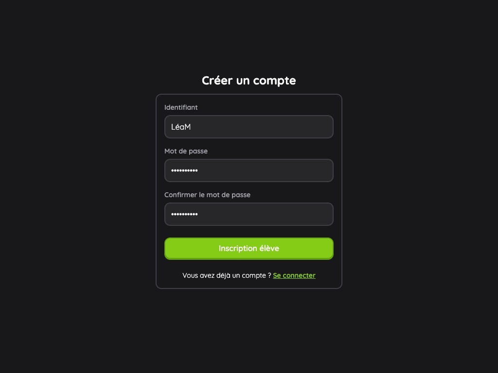 Vue élève : création d'un compte