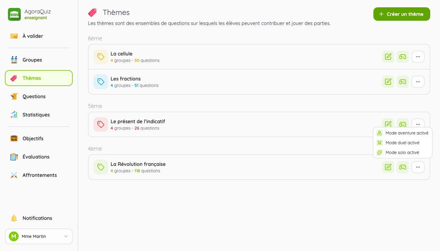 Liste des thèmes et modes de jeu activés