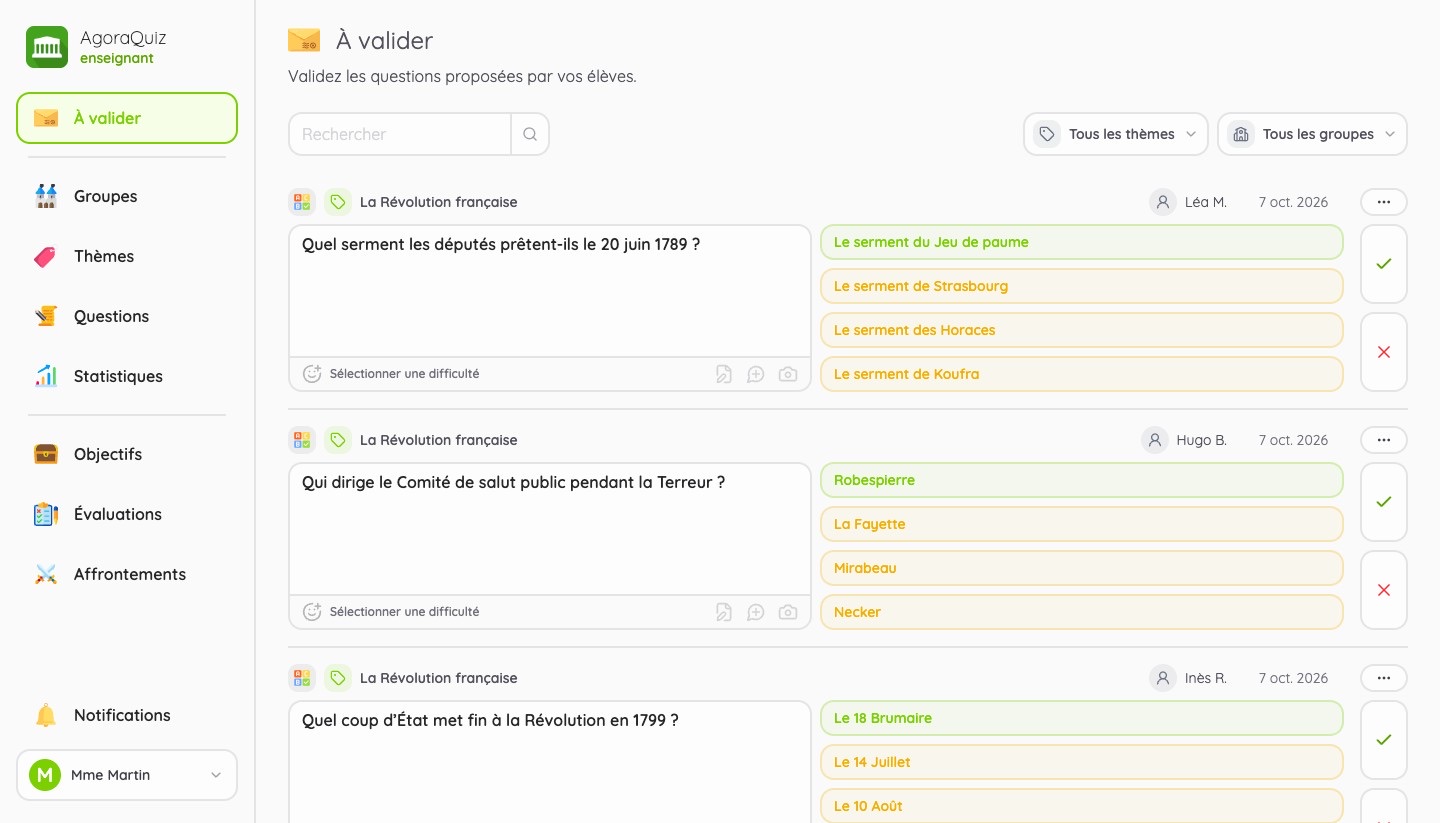 Liste des questions à valider